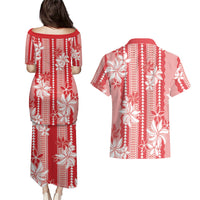 Hawaii Kakau Tribal Couples Matching Puletasi and Hawaiian Shirt With Red Tiare