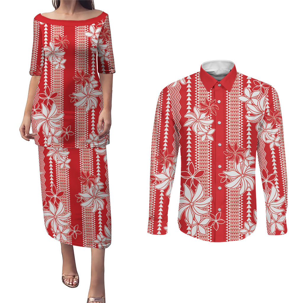 Hawaii Kakau Tribal Couples Matching Puletasi and Long Sleeve Button Shirt With Red Tiare LT05 Red - Polynesian Pride