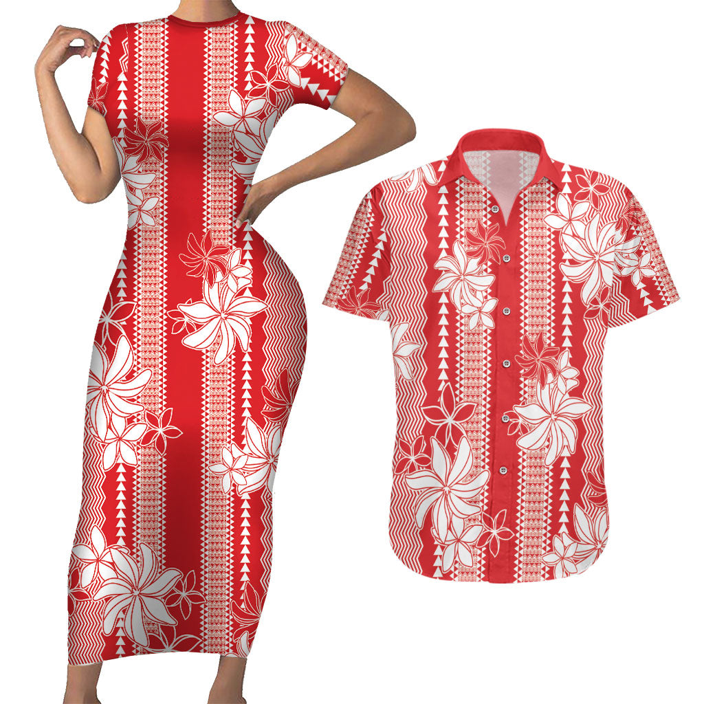 Hawaii Kakau Tribal Couples Matching Short Sleeve Bodycon Dress and Hawaiian Shirt With Red Tiare LT05 Red - Polynesian Pride