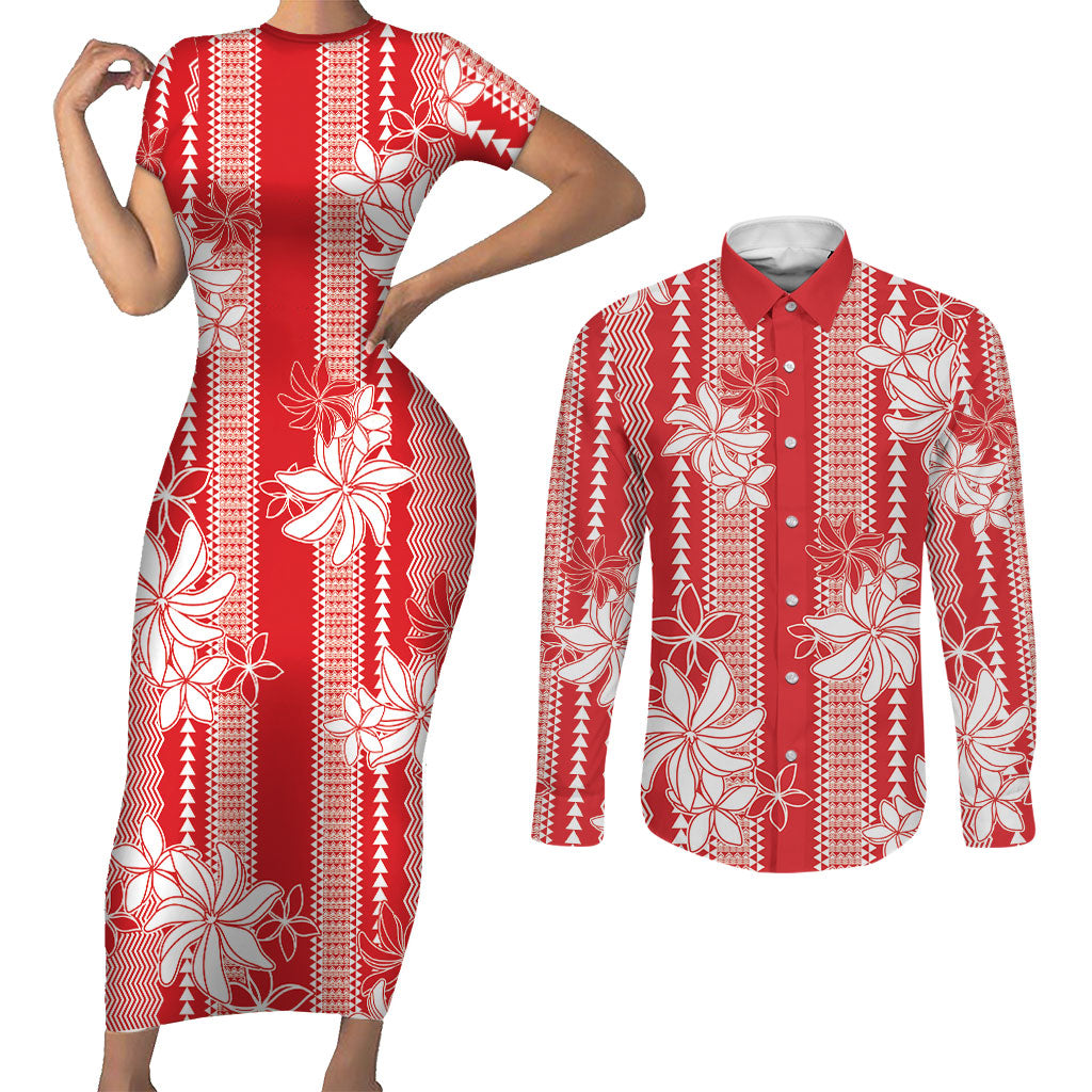 Hawaii Kakau Tribal Couples Matching Short Sleeve Bodycon Dress and Long Sleeve Button Shirt With Red Tiare