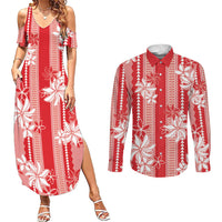 Hawaii Kakau Tribal Couples Matching Summer Maxi Dress and Long Sleeve Button Shirt With Red Tiare