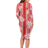 Hawaii Kakau Tribal Family Matching Long Sleeve Bodycon Dress and Hawaiian Shirt With Red Tiare