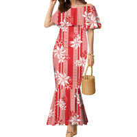 Hawaii Kakau Tribal Family Matching Mermaid Dress and Hawaiian Shirt With Red Tiare
