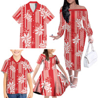 Hawaii Kakau Tribal Family Matching Off The Shoulder Long Sleeve Dress and Hawaiian Shirt With Red Tiare