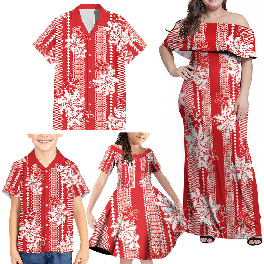 Hawaii Kakau Tribal Family Matching Off Shoulder Maxi Dress and Hawaiian Shirt With Red Tiare