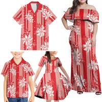 Hawaii Kakau Tribal Family Matching Off Shoulder Maxi Dress and Hawaiian Shirt With Red Tiare