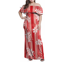 Hawaii Kakau Tribal Family Matching Off Shoulder Maxi Dress and Hawaiian Shirt With Red Tiare