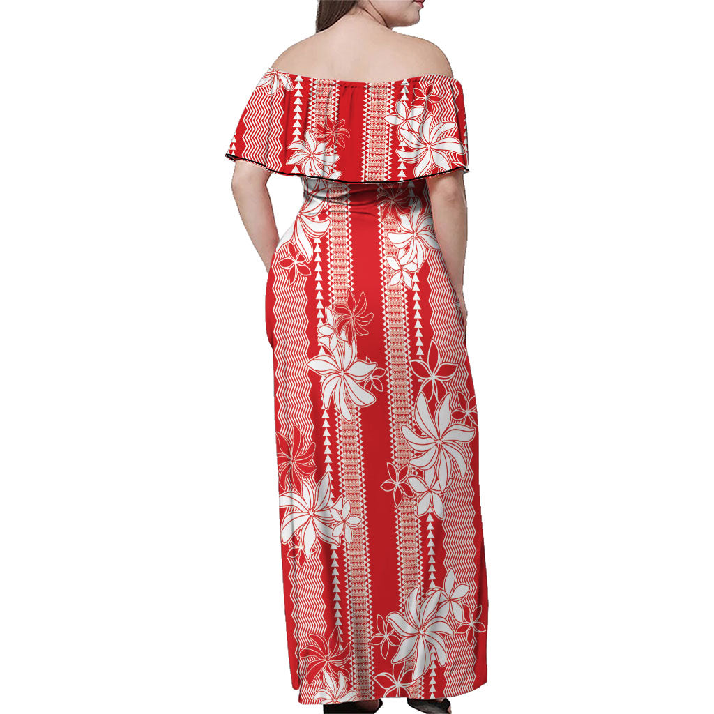 Hawaii Kakau Tribal Family Matching Off Shoulder Maxi Dress and Hawaiian Shirt With Red Tiare