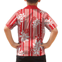 Hawaii Kakau Tribal Family Matching Off Shoulder Short Dress and Hawaiian Shirt With Red Tiare