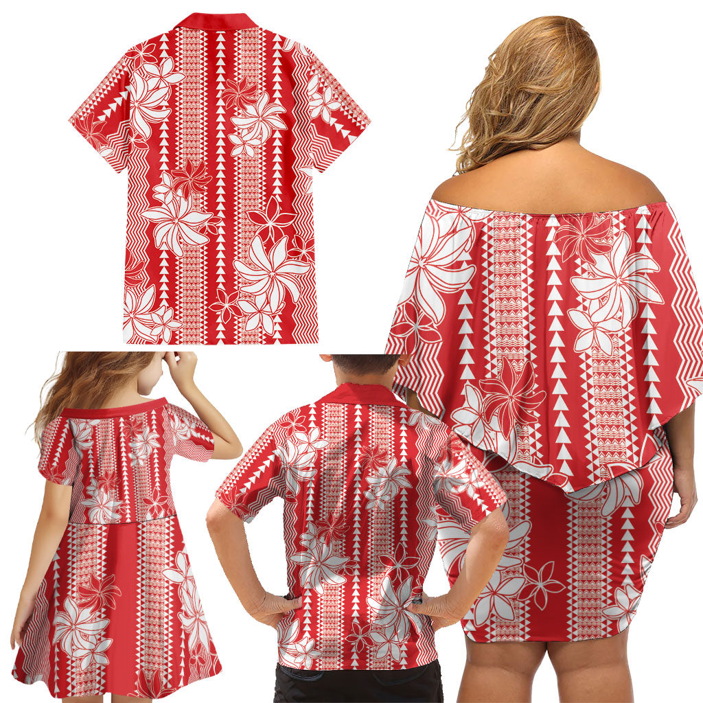 Hawaii Kakau Tribal Family Matching Off Shoulder Short Dress and Hawaiian Shirt With Red Tiare