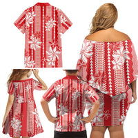 Hawaii Kakau Tribal Family Matching Off Shoulder Short Dress and Hawaiian Shirt With Red Tiare