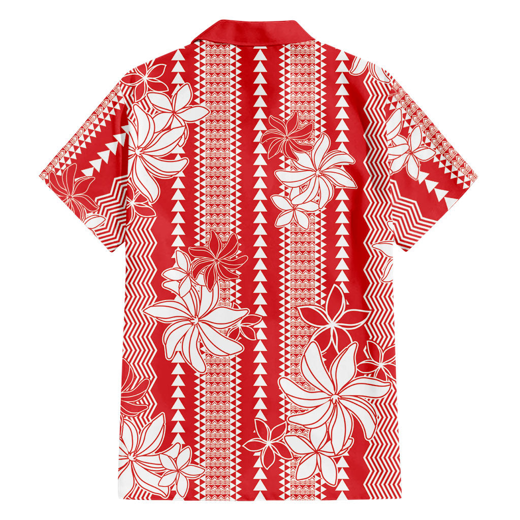 Hawaii Kakau Tribal Family Matching Off Shoulder Short Dress and Hawaiian Shirt With Red Tiare