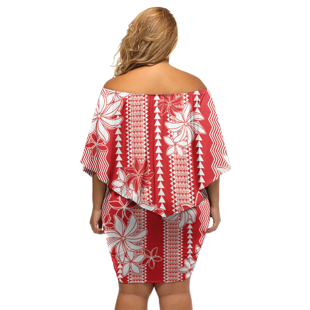 Hawaii Kakau Tribal Family Matching Off Shoulder Short Dress and Hawaiian Shirt With Red Tiare