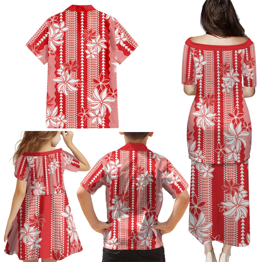 Hawaii Kakau Tribal Family Matching Puletasi and Hawaiian Shirt With Red Tiare