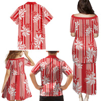 Hawaii Kakau Tribal Family Matching Puletasi and Hawaiian Shirt With Red Tiare