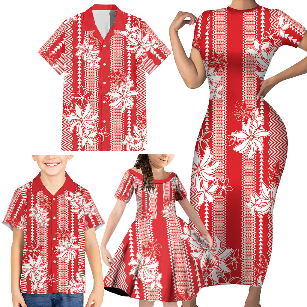 Hawaii Kakau Tribal Family Matching Short Sleeve Bodycon Dress and Hawaiian Shirt With Red Tiare