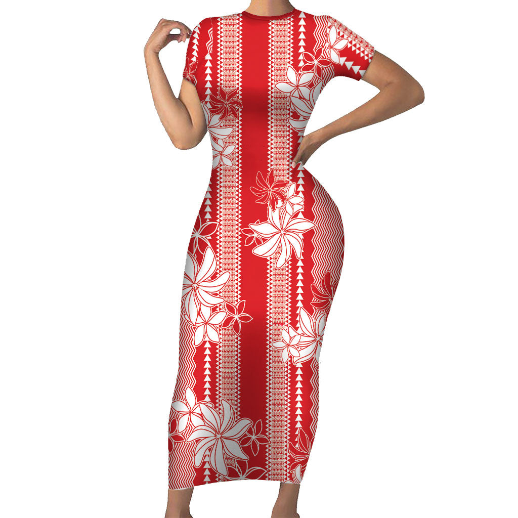 Hawaii Kakau Tribal Family Matching Short Sleeve Bodycon Dress and Hawaiian Shirt With Red Tiare