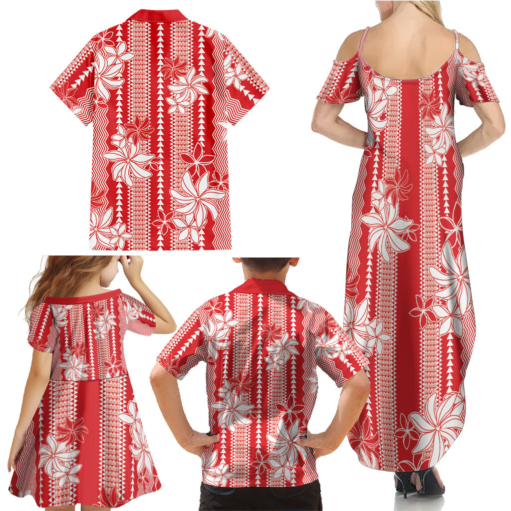 Hawaii Kakau Tribal Family Matching Summer Maxi Dress and Hawaiian Shirt With Red Tiare