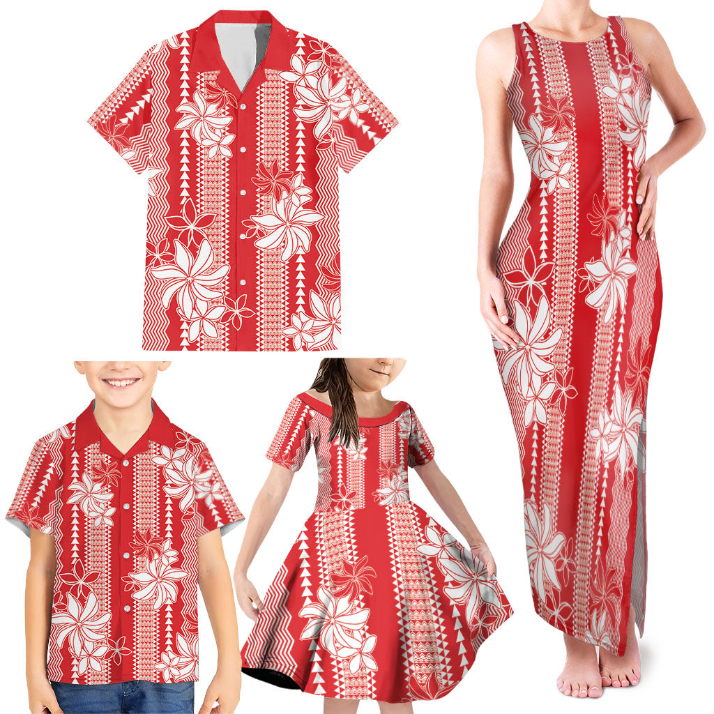 Hawaii Kakau Tribal Family Matching Tank Maxi Dress and Hawaiian Shirt With Red Tiare