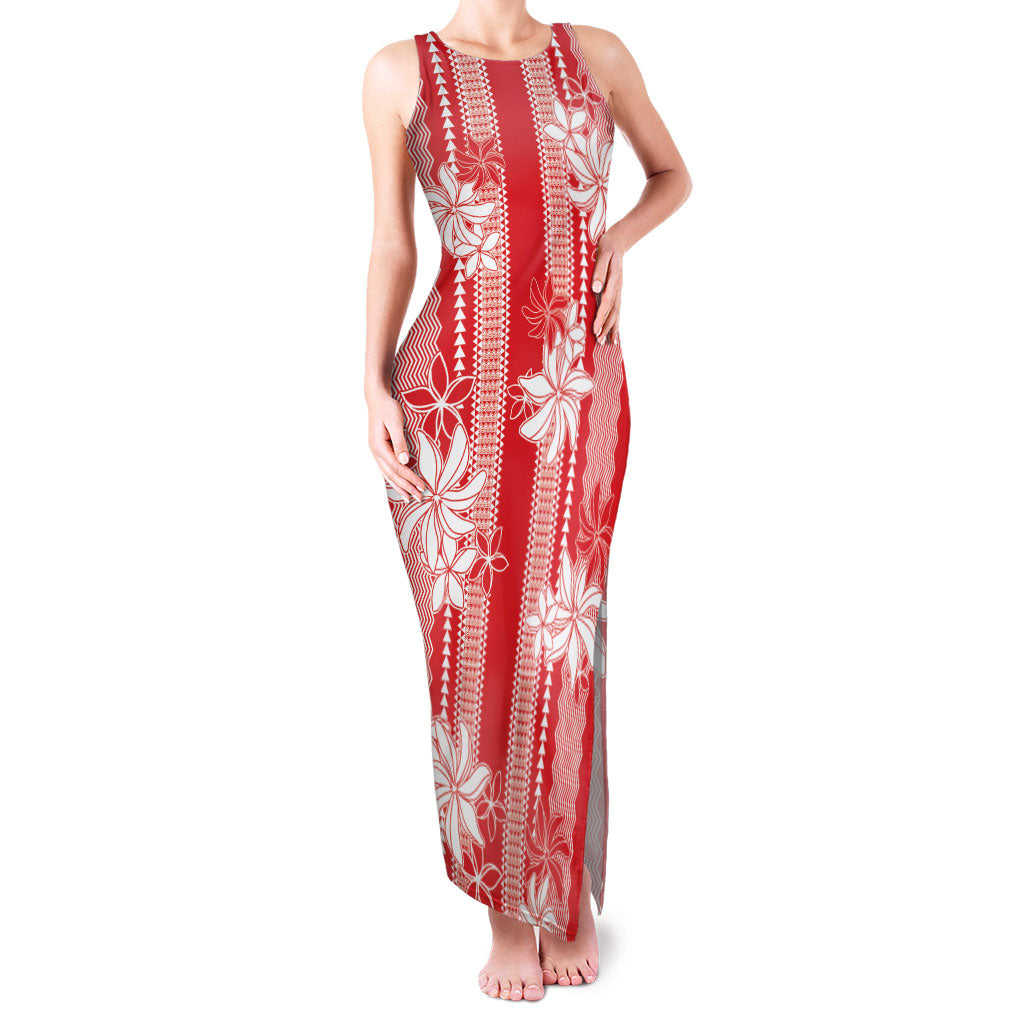 Hawaii Kakau Tribal Family Matching Tank Maxi Dress and Hawaiian Shirt With Red Tiare