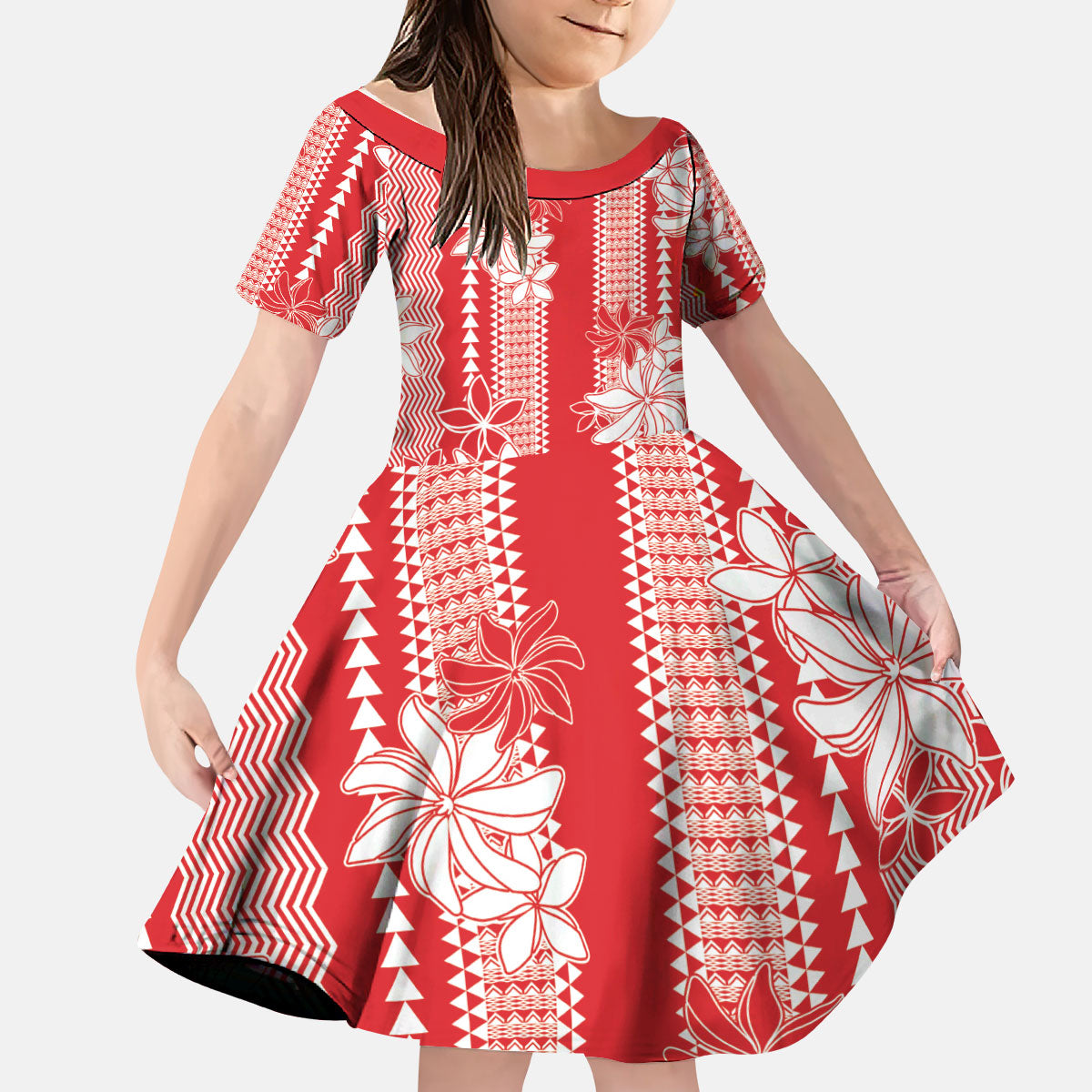 Hawaii Kakau Tribal Kid Short Sleeve Dress With Red Tiare
