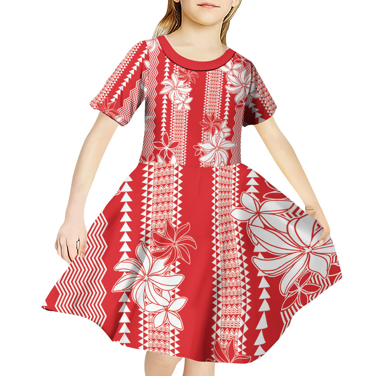 Hawaii Kakau Tribal Kid Short Sleeve Dress With Red Tiare