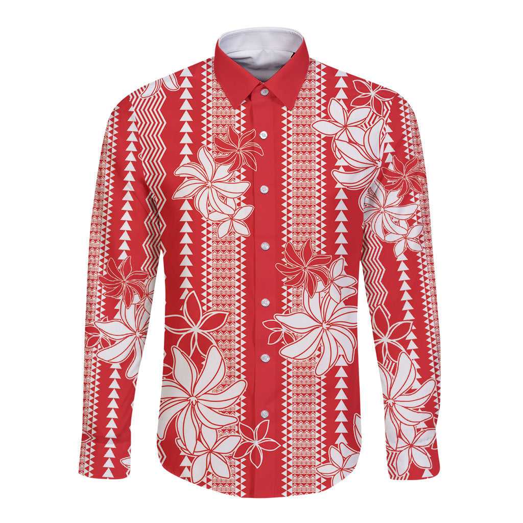 Hawaii Kakau Tribal Long Sleeve Button Shirt With Red Tiare