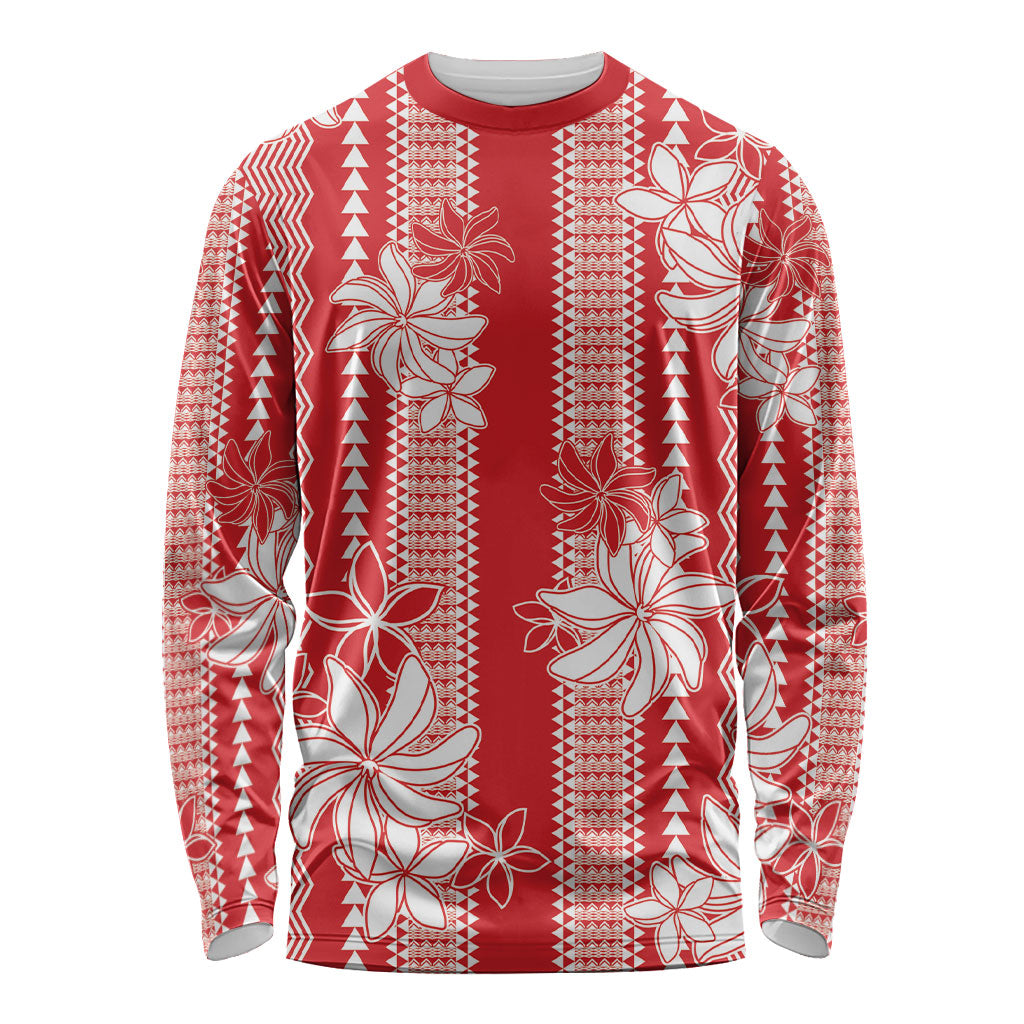 Hawaii Kakau Tribal Long Sleeve Shirt With Red Tiare