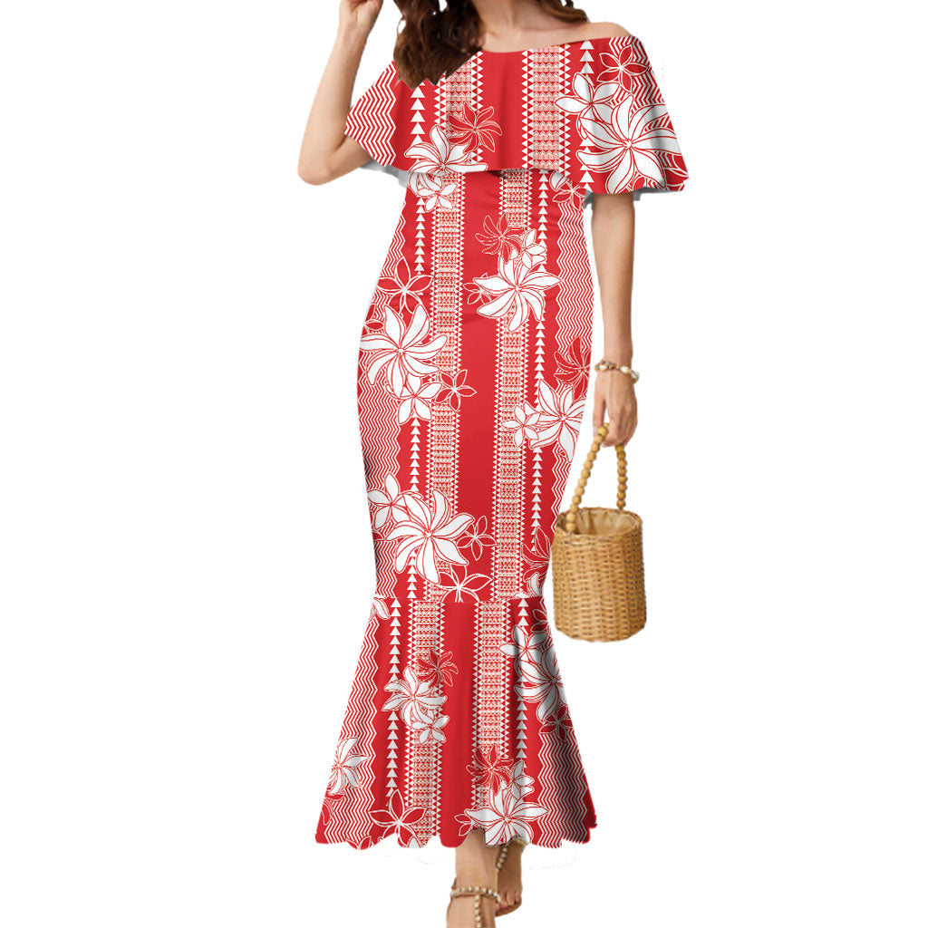 Hawaii Kakau Tribal Mermaid Dress With Red Tiare LT05 Women Red - Polynesian Pride