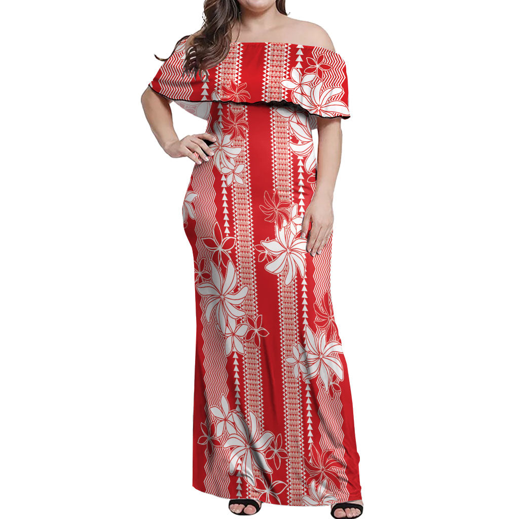 Hawaii Kakau Tribal Off Shoulder Maxi Dress With Red Tiare LT05 Women Red - Polynesian Pride