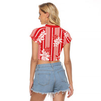 Hawaii Kakau Tribal Raglan Cropped T Shirt With Red Tiare