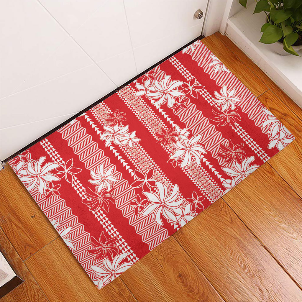 Hawaii Kakau Tribal Rubber Doormat With Red Tiare