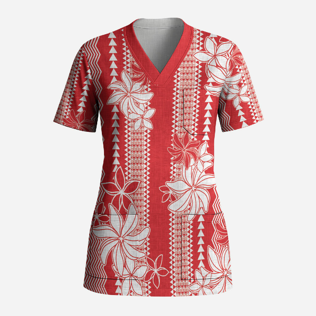 Hawaii Kakau Tribal Scrub Top With Red Tiare LT05 Adult Red - Polynesian Pride
