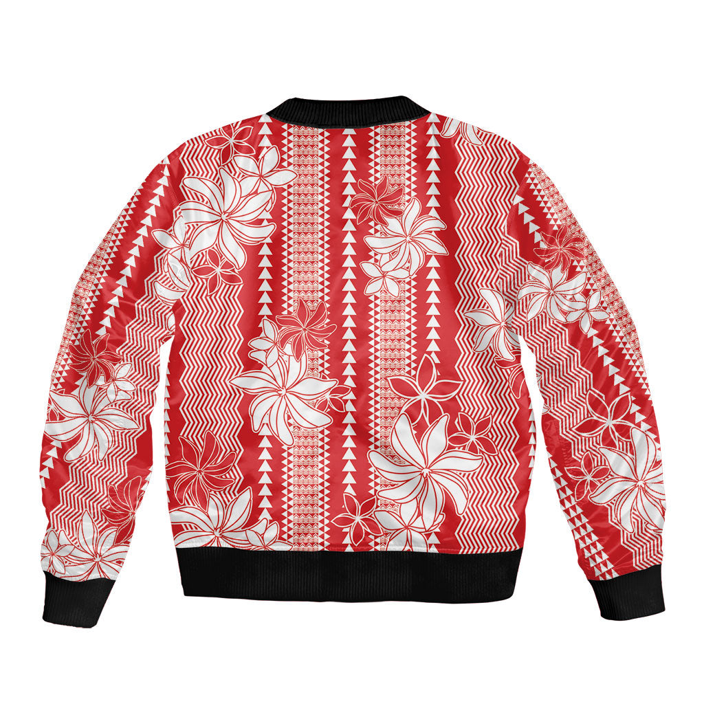 Hawaii Kakau Tribal Sleeve Zip Bomber Jacket With Red Tiare