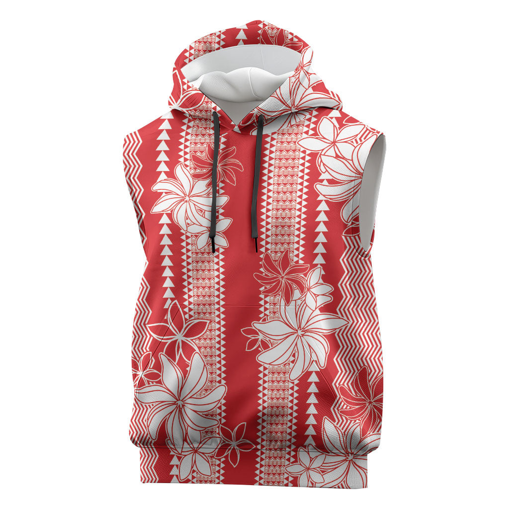 Hawaii Kakau Tribal Sleeveless Hoodie With Red Tiare LT05 Red - Polynesian Pride