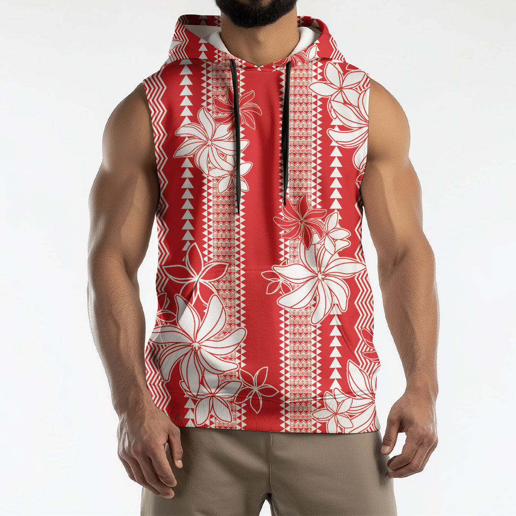 Hawaii Kakau Tribal Sleeveless Hoodie With Red Tiare