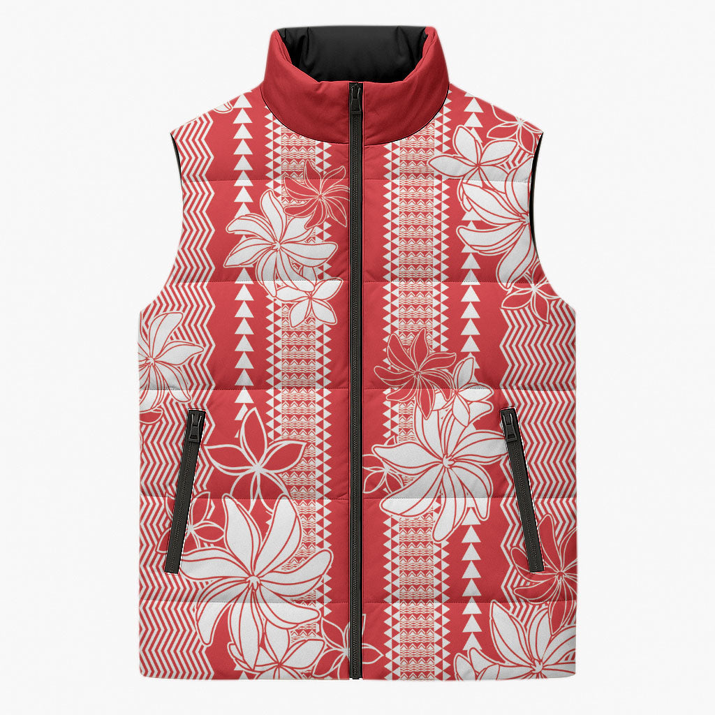 Hawaii Kakau Tribal Sleeveless Puffer Jacket With Red Tiare LT05 Unisex Red - Polynesian Pride