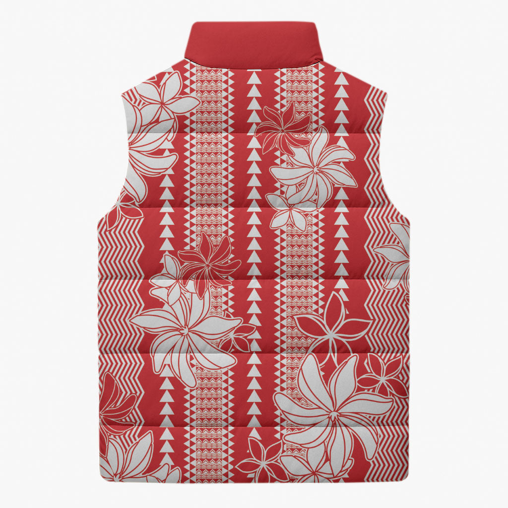 Hawaii Kakau Tribal Sleeveless Puffer Jacket With Red Tiare