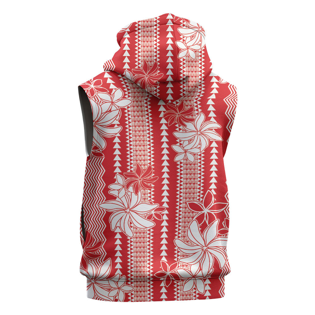 Hawaii Kakau Tribal Sleeveless Zip Hoodie With Red Tiare