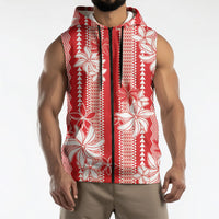 Hawaii Kakau Tribal Sleeveless Zip Hoodie With Red Tiare
