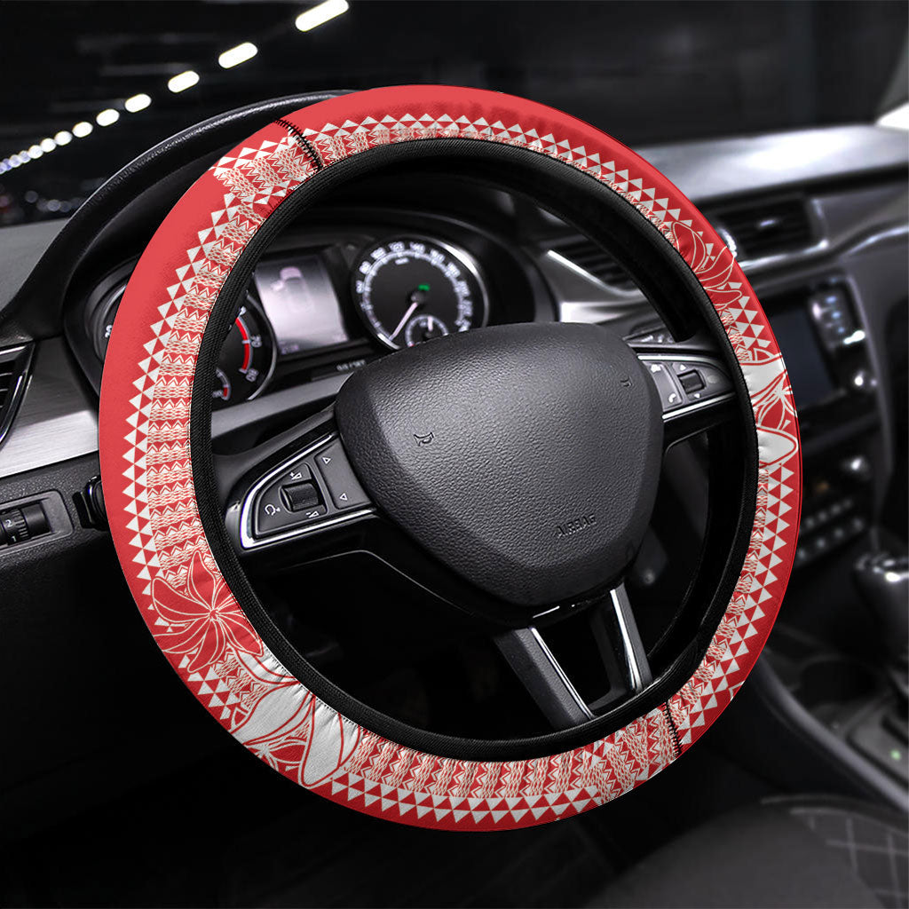 Hawaii Kakau Tribal Steering Wheel Cover With Red Tiare LT05 Universal Fit Red - Polynesian Pride