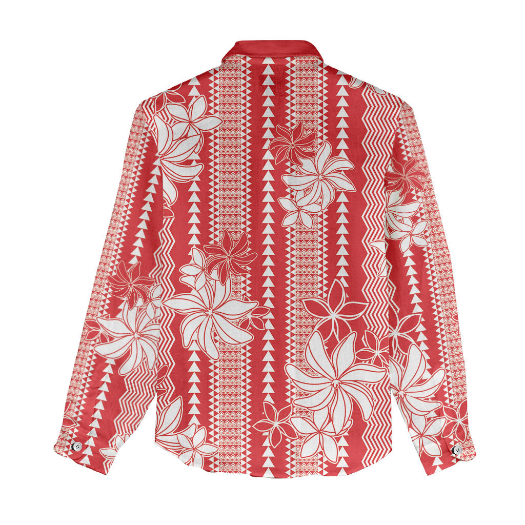 Hawaii Kakau Tribal Women Casual Shirt With Red Tiare