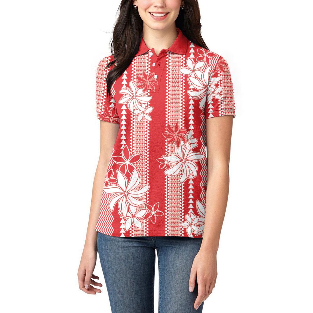 Hawaii Kakau Tribal Women Polo Shirt With Red Tiare