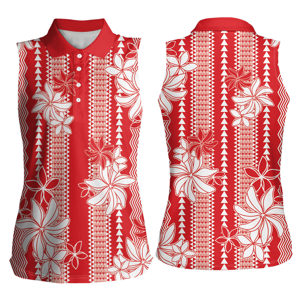 Hawaii Kakau Tribal Women Sleeveless Polo Shirt With Red Tiare