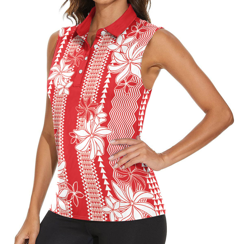 Hawaii Kakau Tribal Women Sleeveless Polo Shirt With Red Tiare