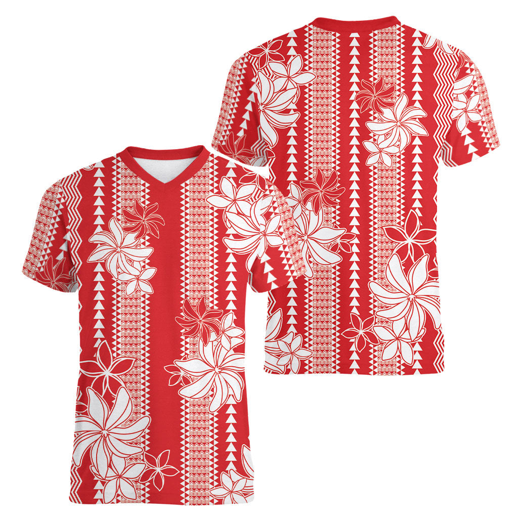 Hawaii Kakau Tribal Women V-Neck T-Shirt With Red Tiare