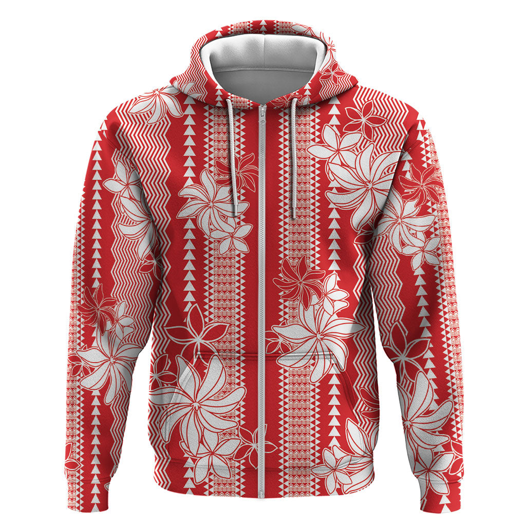 Hawaii Kakau Tribal Zip Hoodie With Red Tiare LT05 Zip Hoodie Red - Polynesian Pride