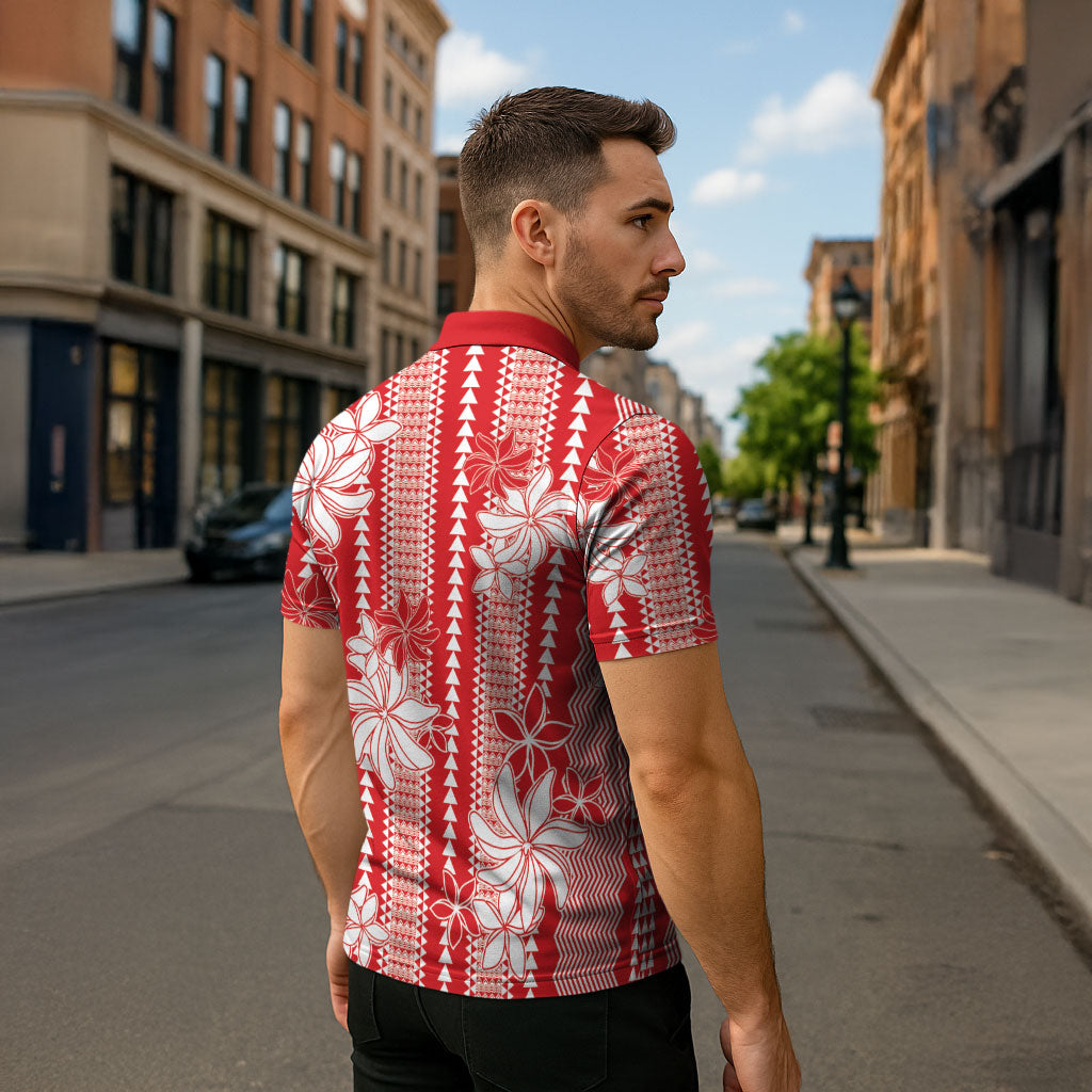 Hawaii Kakau Tribal Zipper Polo Shirt With Red Tiare