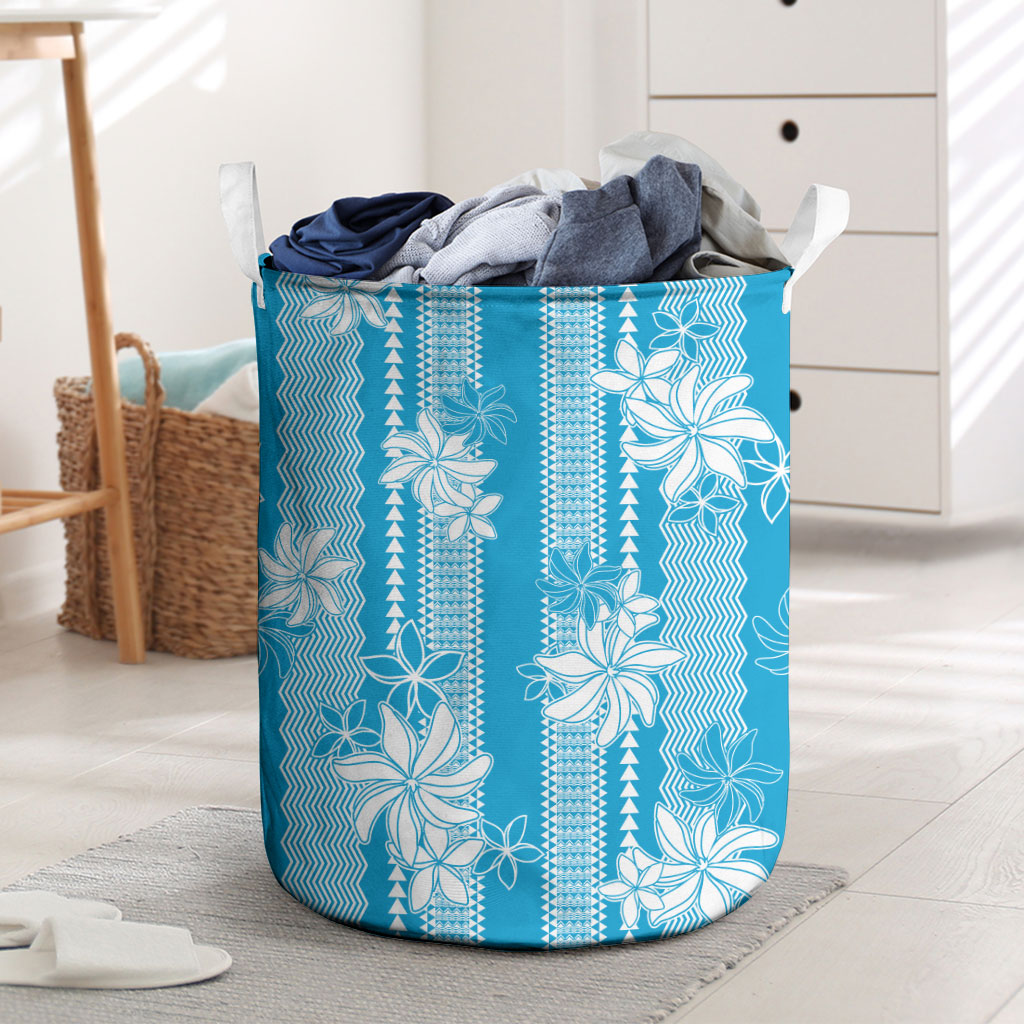 Hawaii Kakau Tribal Laundry Basket With Blue Tiare LT05 Blue - Polynesian Pride