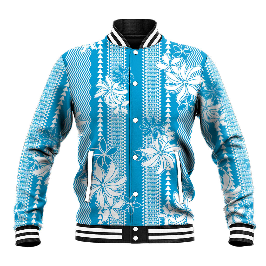Hawaii Kakau Tribal Baseball Jacket With Blue Tiare
